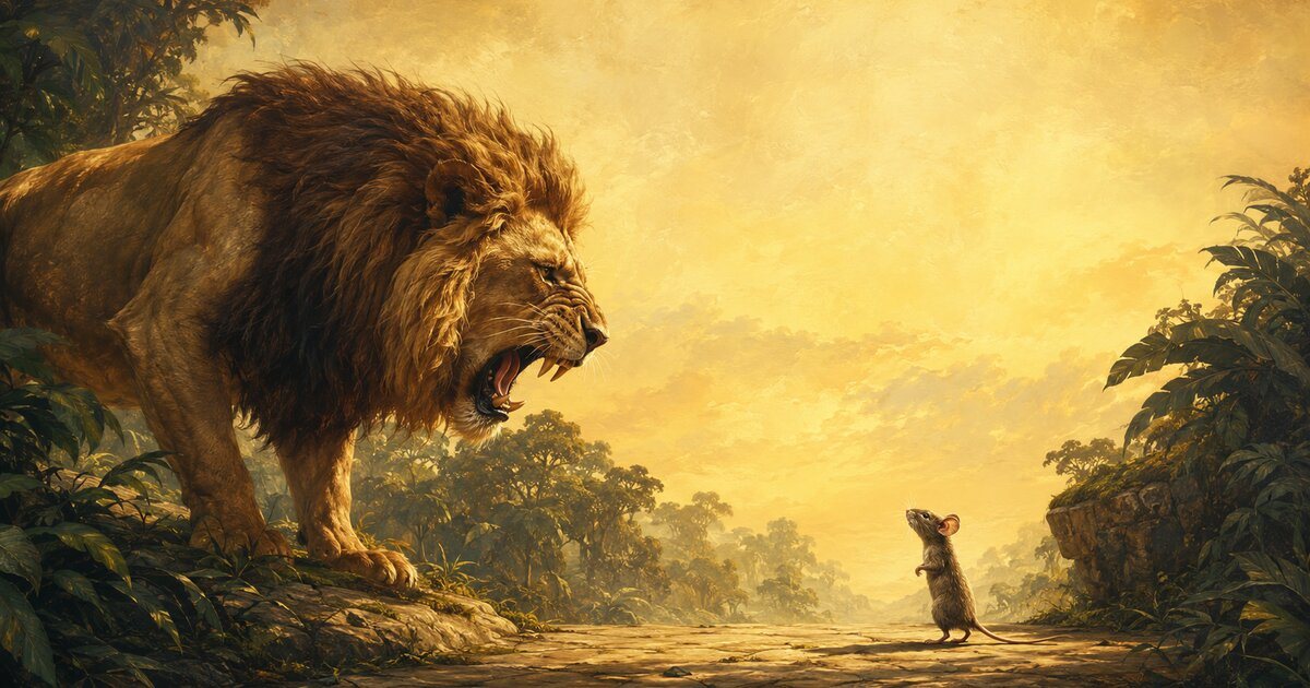A lion and mouse in a tense jungle face-off