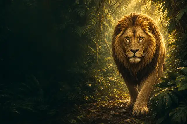 Lion walking through the jungle